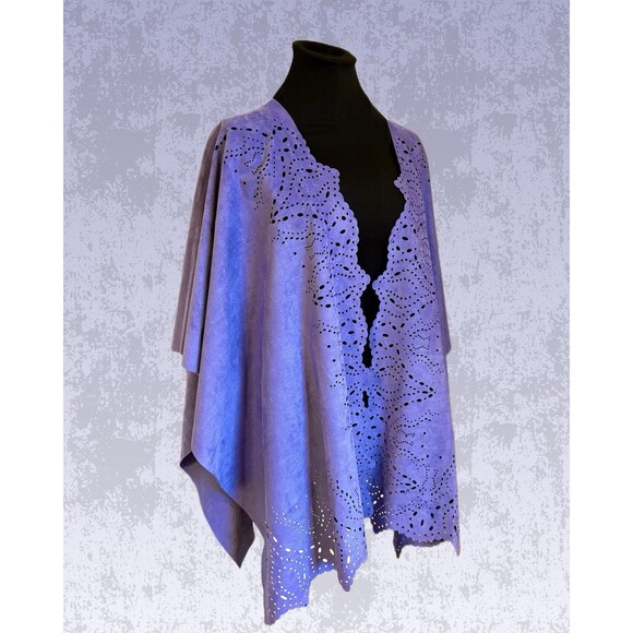New Directions Faux Suede Ruana/Wrap Periwinkle Blue Intricate Cut-Out Design OS - Picture 3 of 5